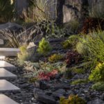 Overhead view of landscaping in Breadsall with stepping stone paving, gravel planting pockets and feature stone