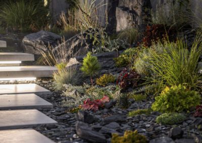 Overhead view of landscaping in Breadsall with stepping stone paving, gravel planting pockets and feature stone