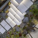 Landscaping in Breadsall with stepping stone paving, gravel garden and layered planting with feature boulders