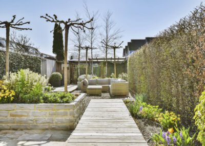 Landscaping in Chellaston with sleeper raised beds, fresh turf, planting and garden lighting