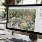 Computer screen displaying a 3D garden design model. Garden Design