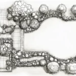 A detailed black-and-white top-view sketch of a garden landscape plan, featuring a curved lawn, planting areas, and paved pathways.