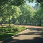 A vibrant urban park featuring lush green trees, benches, paved walkways, and classic lamp posts under dappled sunlight.