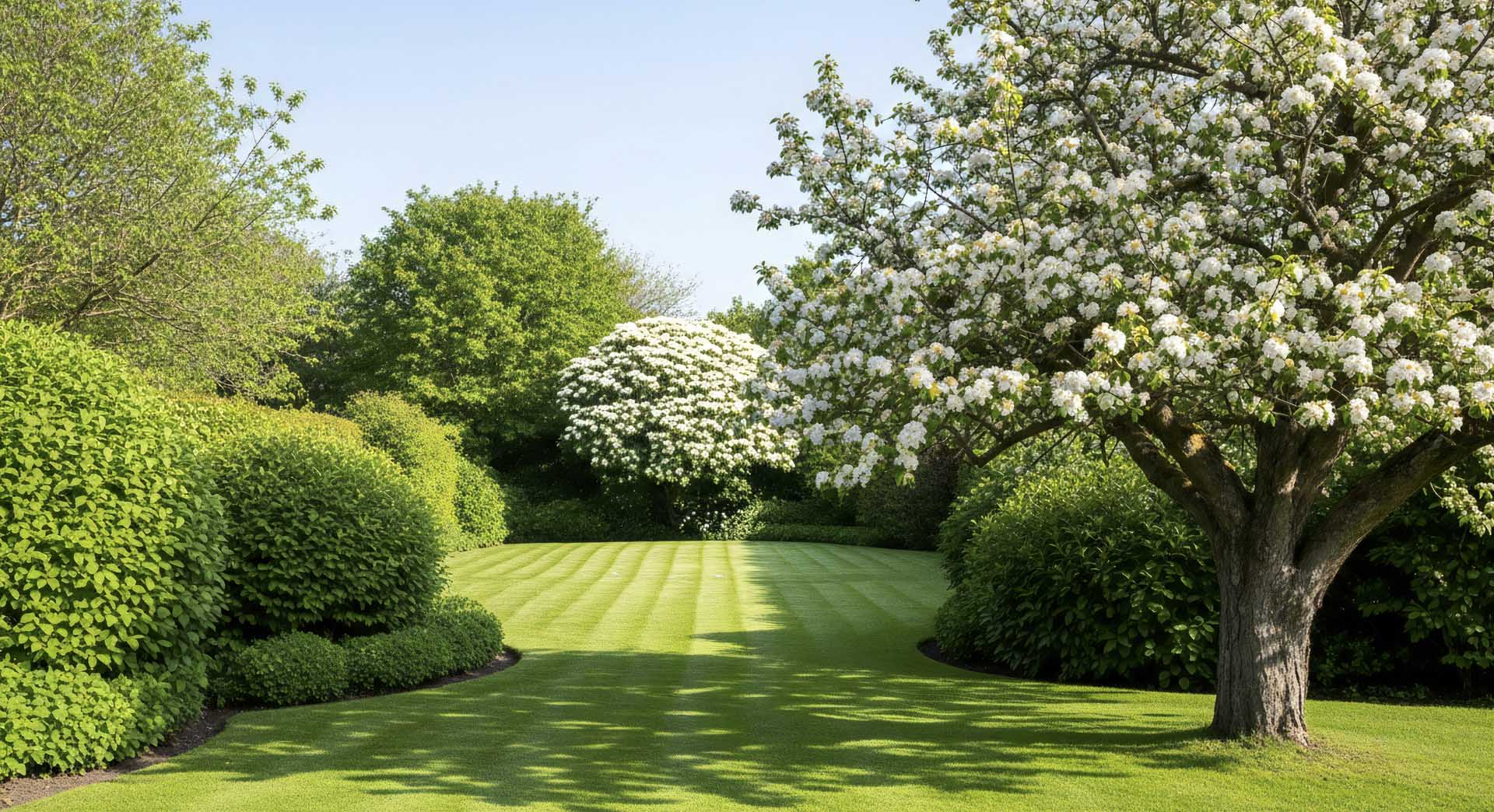 Gardening in Castle Donington with a striped lawn, flowering tree, clipped hedges and neatly defined borders