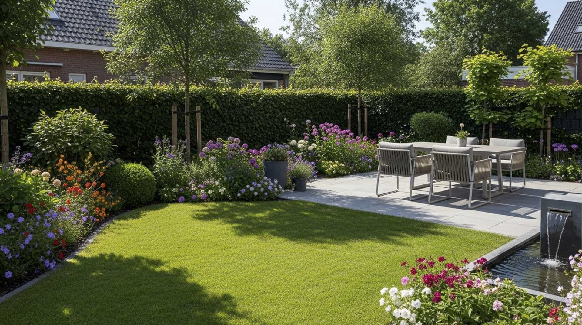 Garden maintenance in Chaddesden with a neat lawn, colourful borders, patio dining area and a small water feature