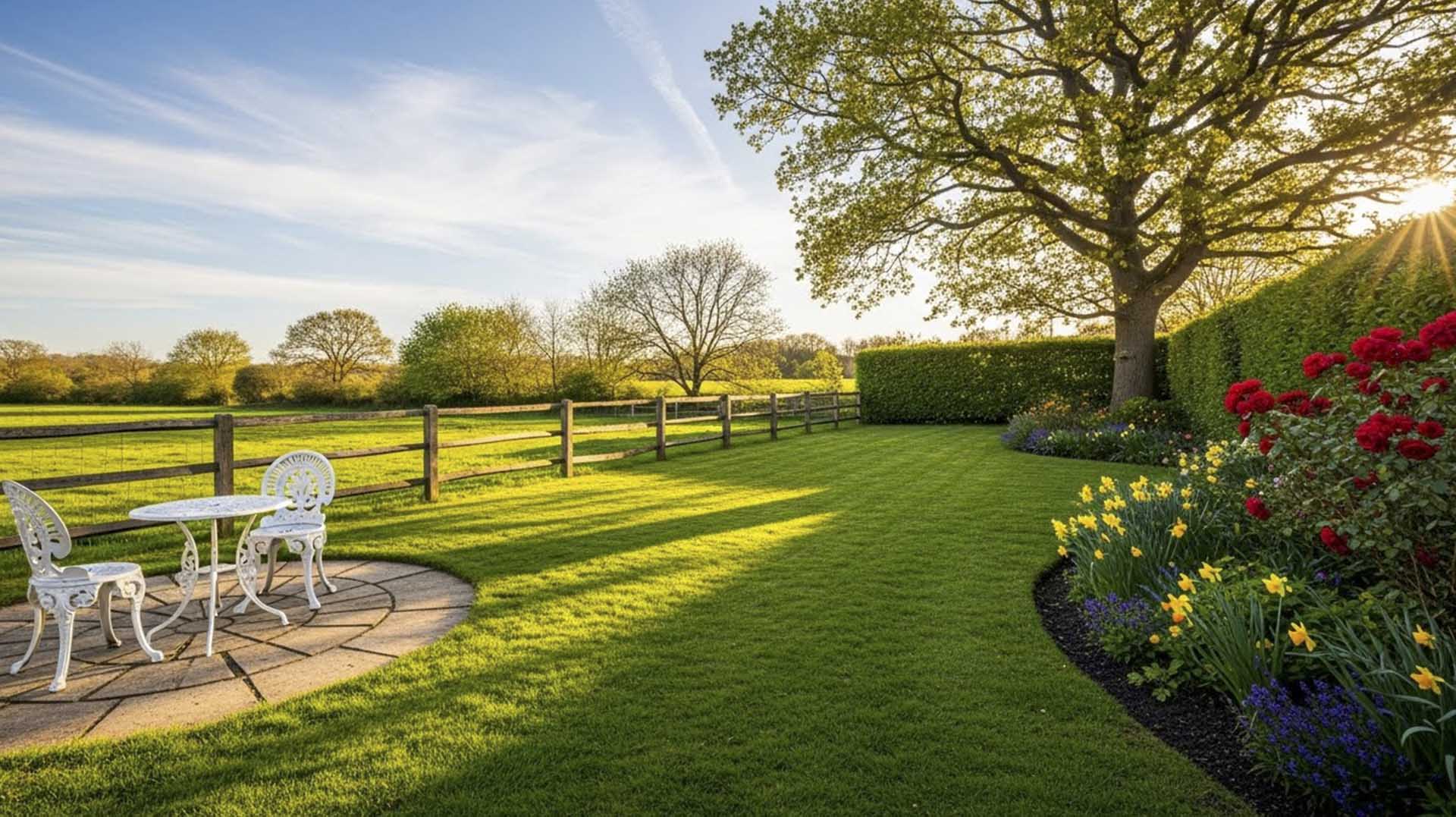 Garden maintenance in Duffield with a neat lawn, patio seating area and colourful flower borders along a hedge line