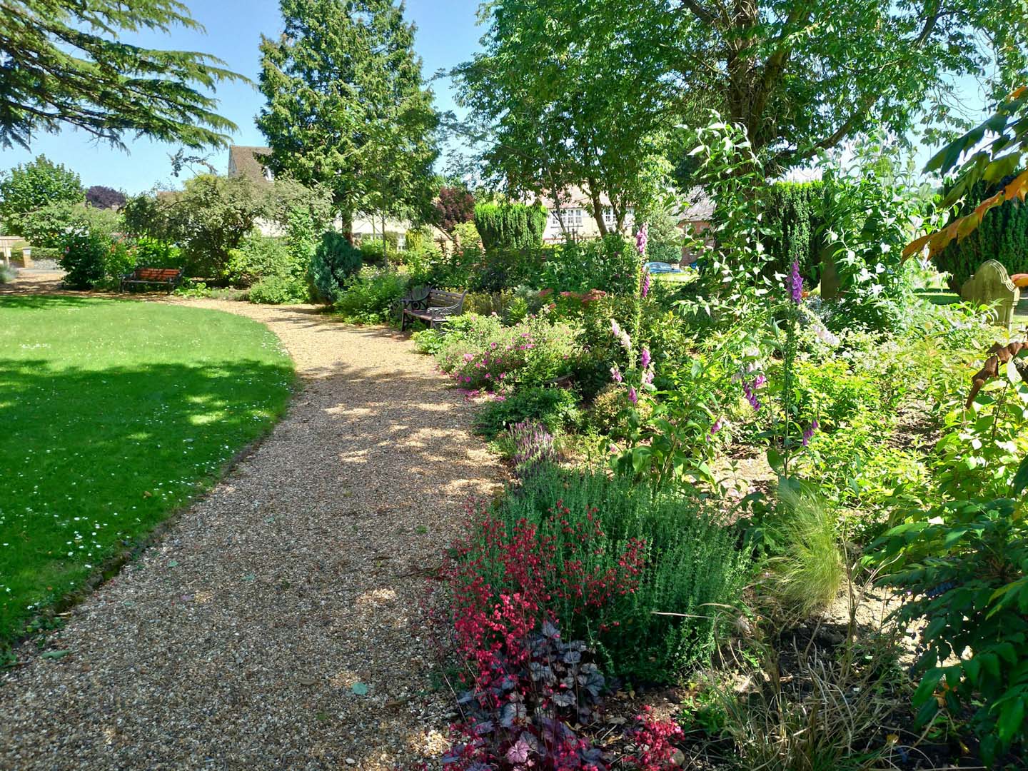 Garden maintenance in Kings Newton with a curved gravel path, tidy lawn edge and maintained planting borders