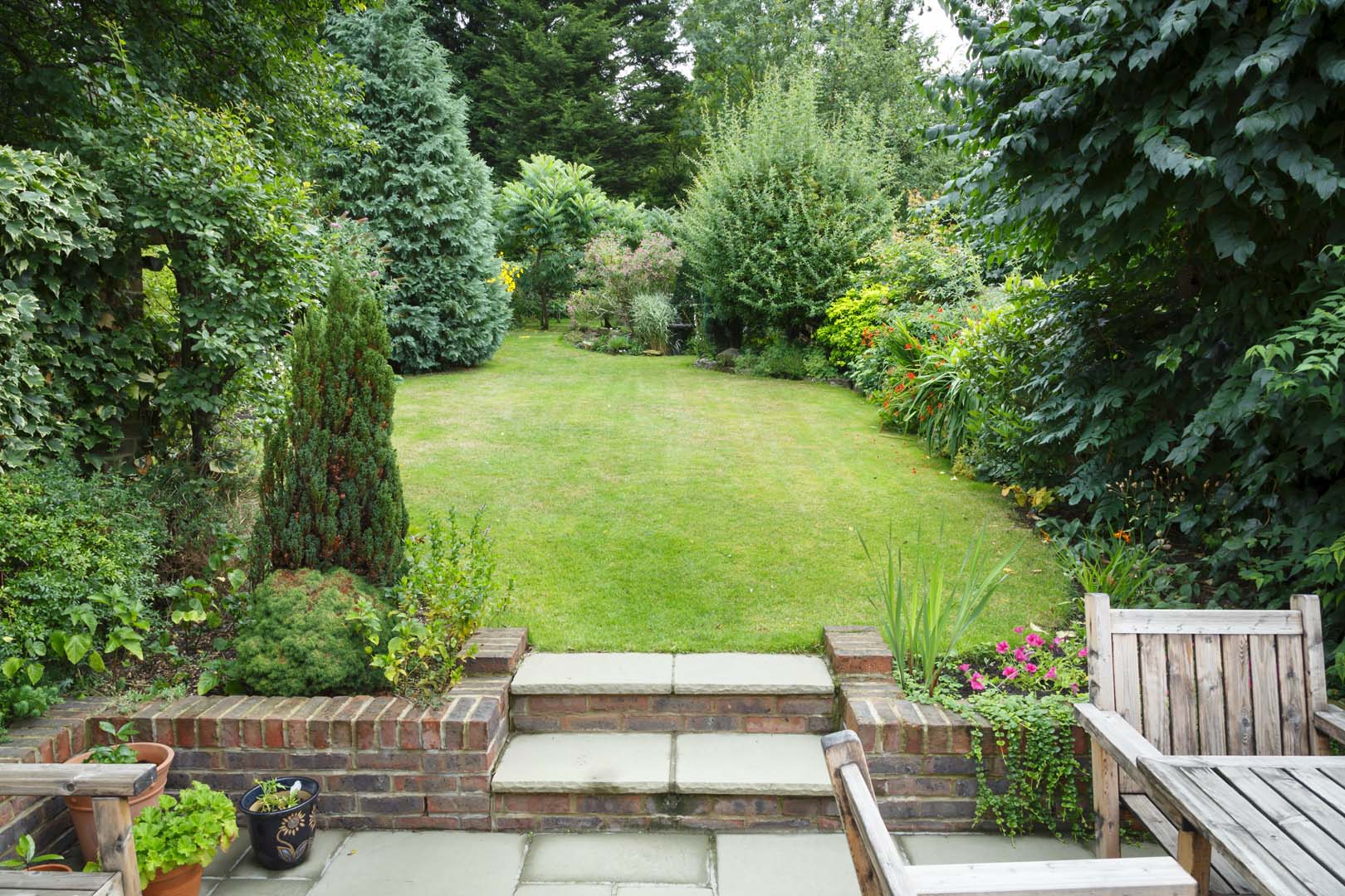 Garden maintenance in Mickleover with a neatly mown lawn, established borders and patio steps
